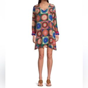 Johnny Was Lionora V-Neck Silk Swing Slip Dress Long Sleeve Sun Print NWT $378